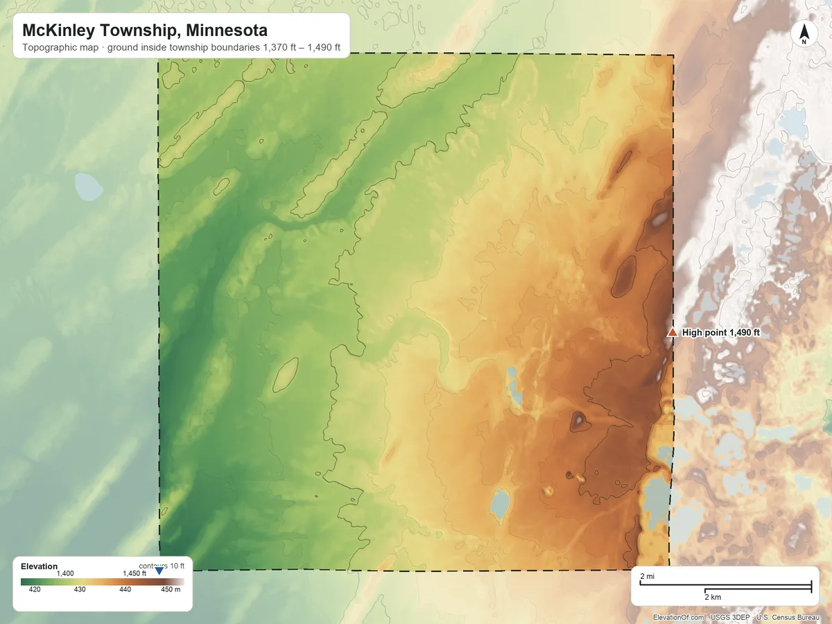 Topographic elevation map of McKinley Township, Minnesota, shaded from 1,370 ft on the southwest side to 1,490 ft on the east side