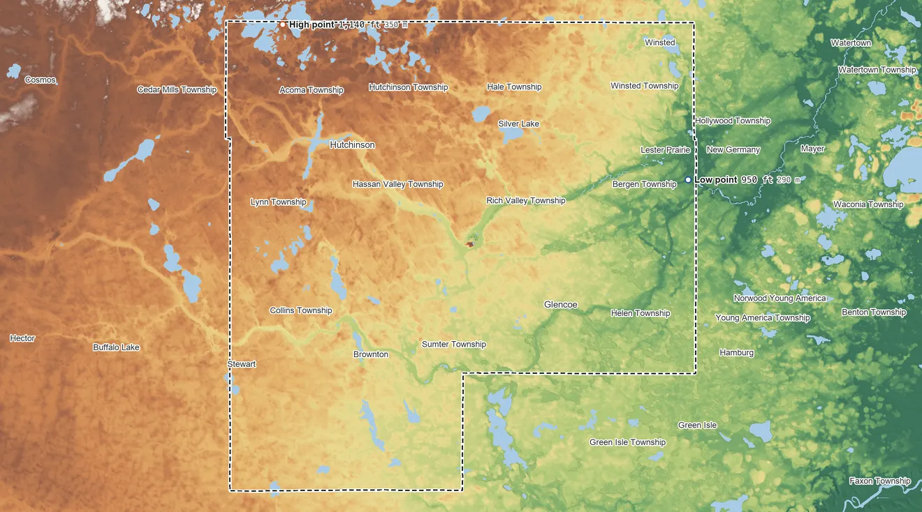 Topographic elevation map of McLeod County, Minnesota, shaded from 950 ft on the east side to 1,140 ft on the northwest side