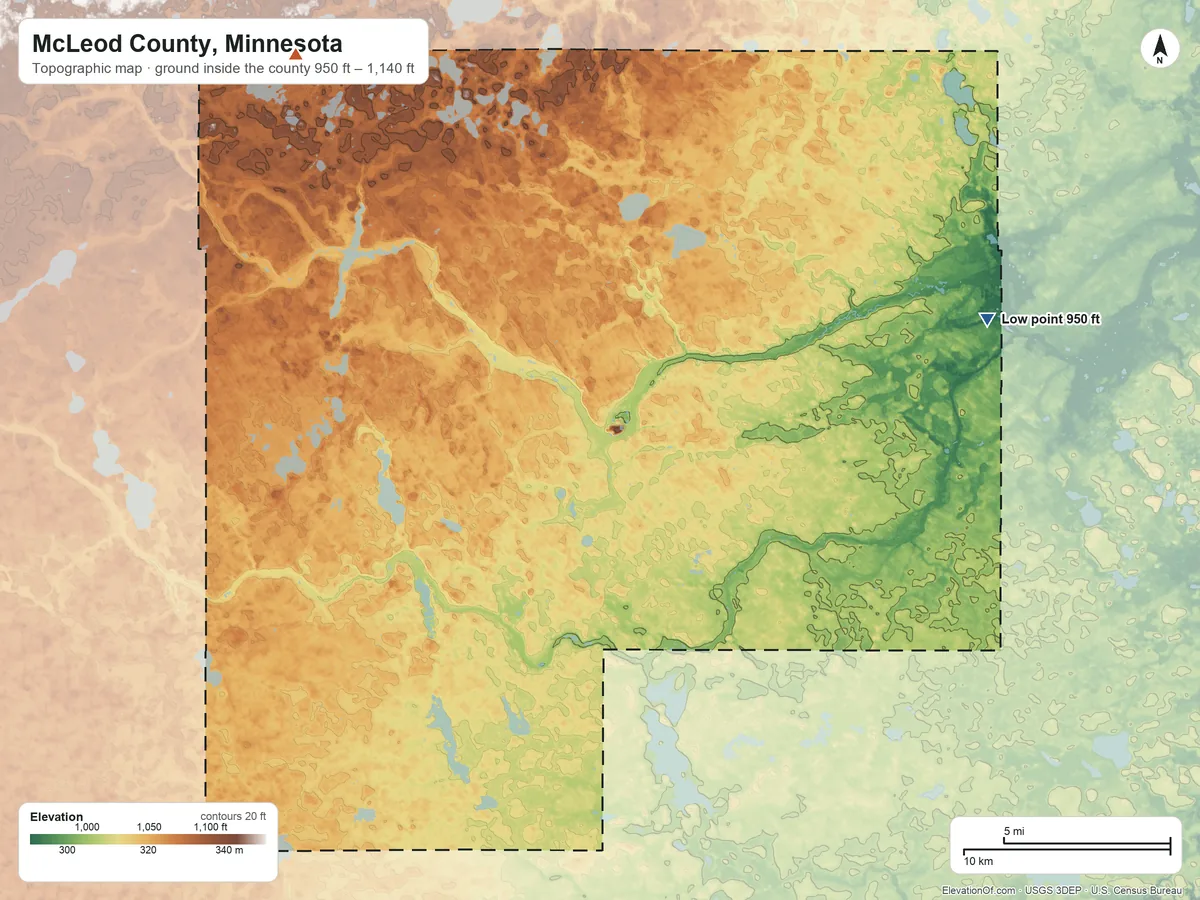 Topographic elevation map of McLeod County, Minnesota, shaded from 950 ft on the east side to 1,140 ft on the northwest side