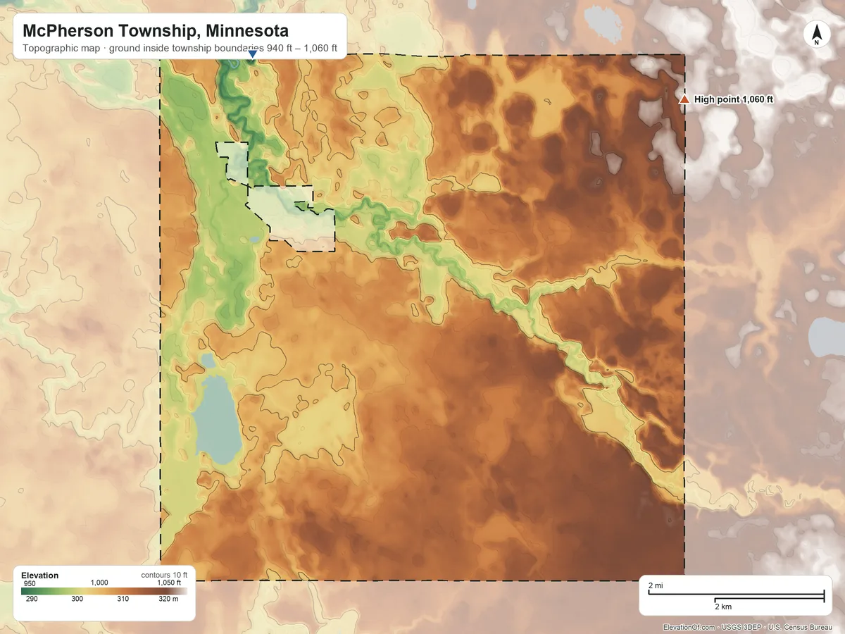 Topographic elevation map of McPherson Township, Minnesota, shaded from 940 ft on the northwest side to 1,060 ft on the northeast side