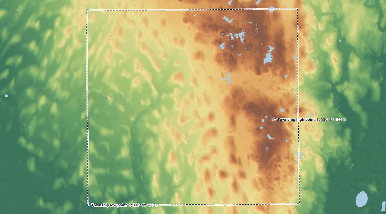 Topographic elevation map of Meadow Brook Township, Minnesota, shaded from 1,310 ft on the southwest side to 1,550 ft on Ghost Hill