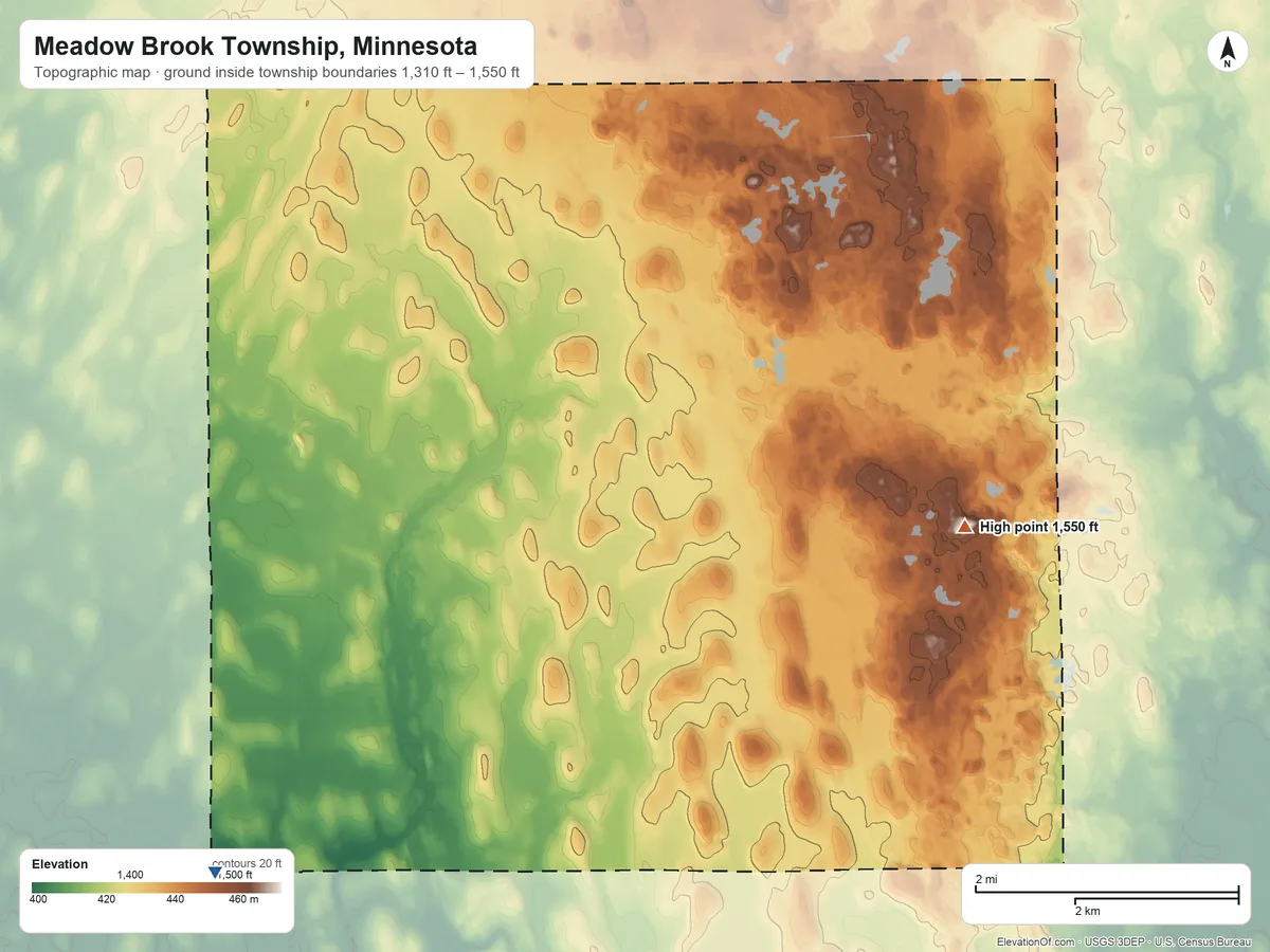 Topographic elevation map of Meadow Brook Township, Minnesota, shaded from 1,310 ft on the southwest side to 1,550 ft on Ghost Hill