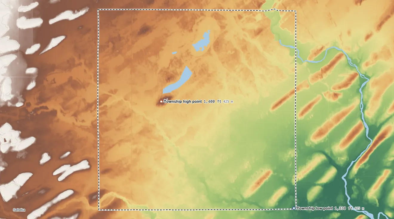 Topographic elevation map of Meadow Township, Minnesota, shaded from 1,330 ft on the southeast side to 1,400 ft near the middle