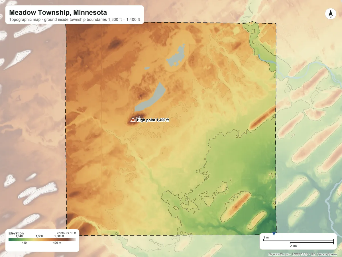 Topographic elevation map of Meadow Township, Minnesota, shaded from 1,330 ft on the southeast side to 1,400 ft near the middle