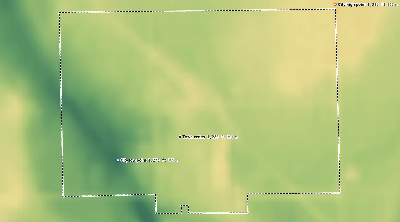 Topographic elevation map of Meadowlands, Minnesota, shaded from 1,270 ft on the west side to 1,280 ft on the northeast side
