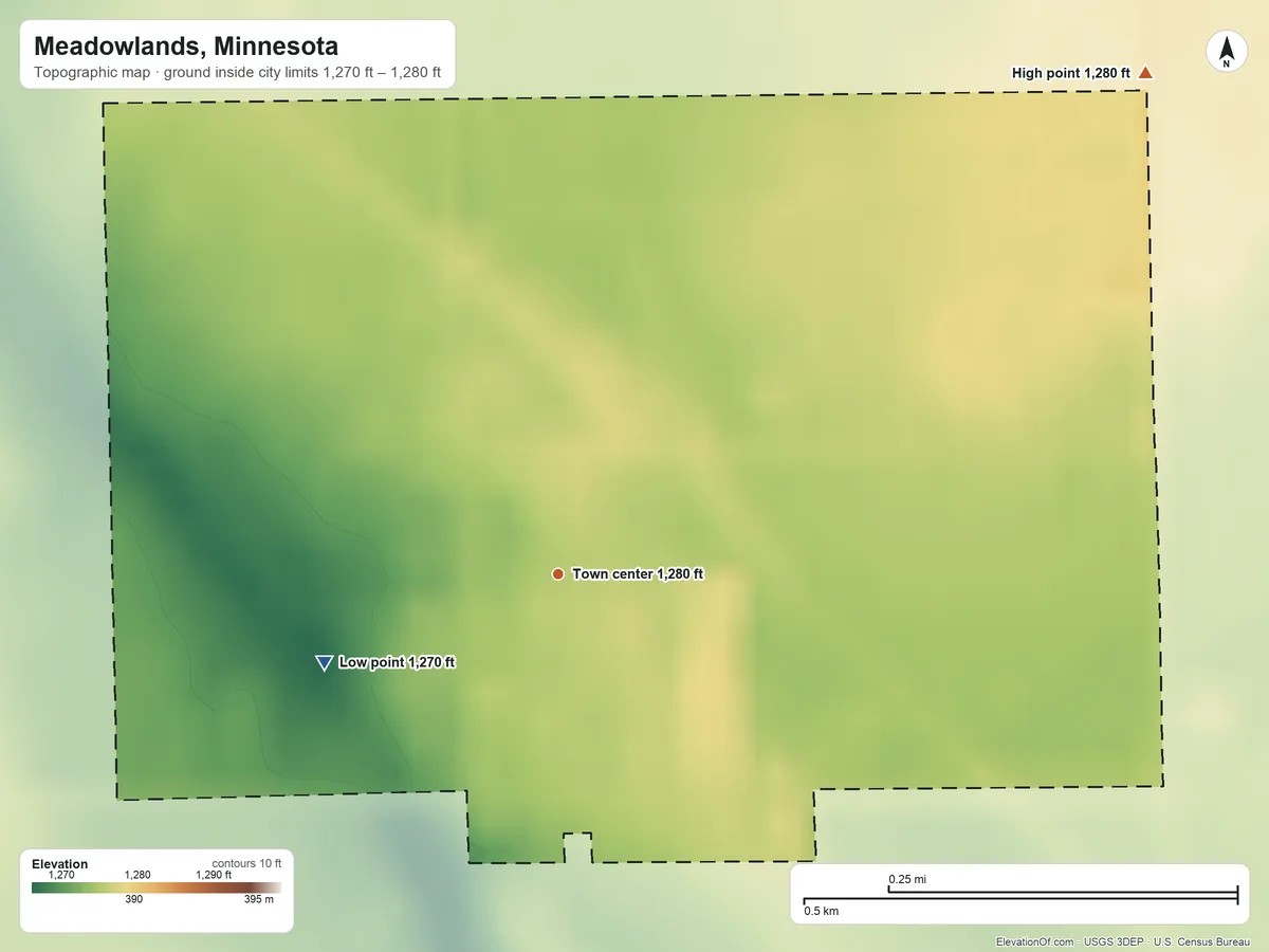 Topographic elevation map of Meadowlands, Minnesota, shaded from 1,270 ft on the west side to 1,280 ft on the northeast side