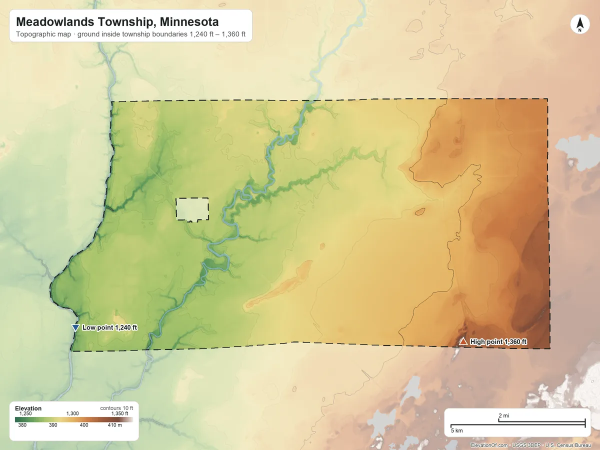 Topographic elevation map of Meadowlands Township, Minnesota, shaded from 1,240 ft on the southwest side to 1,360 ft on the southeast side