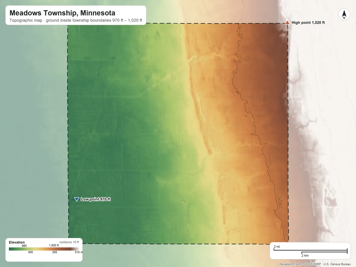 Topographic elevation map of Meadows Township, Minnesota, shaded from 970 ft on the west side to 1,020 ft on the northeast side