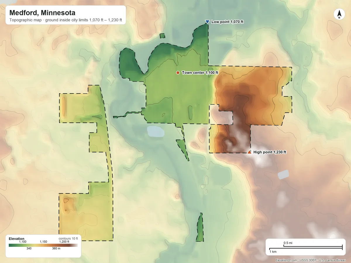 Topographic elevation map of Medford, Minnesota, shaded from 1,070 ft on the northeast side to 1,230 ft on the southeast side