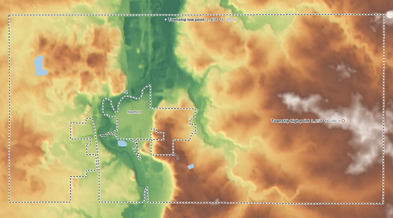 Topographic elevation map of Medford Township, Minnesota, shaded from 1,070 ft on the northeast side to 1,250 ft on the east side