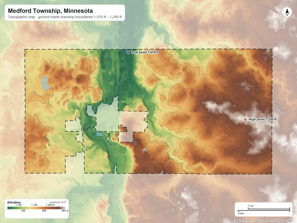 Topographic elevation map of Medford Township, Minnesota, shaded from 1,070 ft on the northeast side to 1,250 ft on the east side
