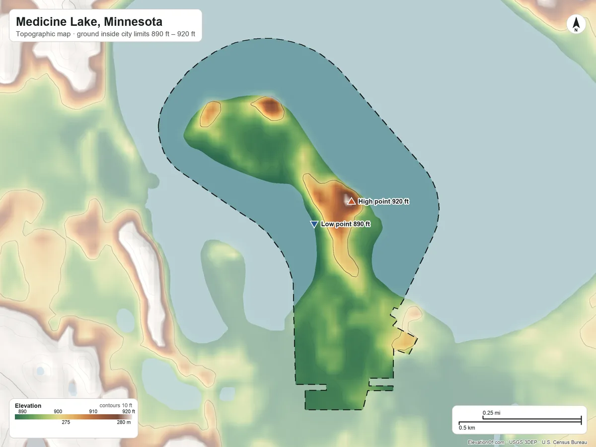Topographic elevation map of Medicine Lake, Minnesota, shaded from 890 ft on the north side to 920 ft on the north side