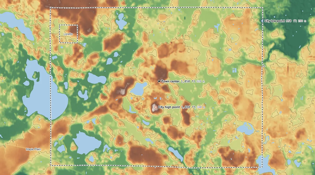 Topographic elevation map of Medina, Minnesota, shaded from 950 ft on the northeast side to 1,080 ft near the middle