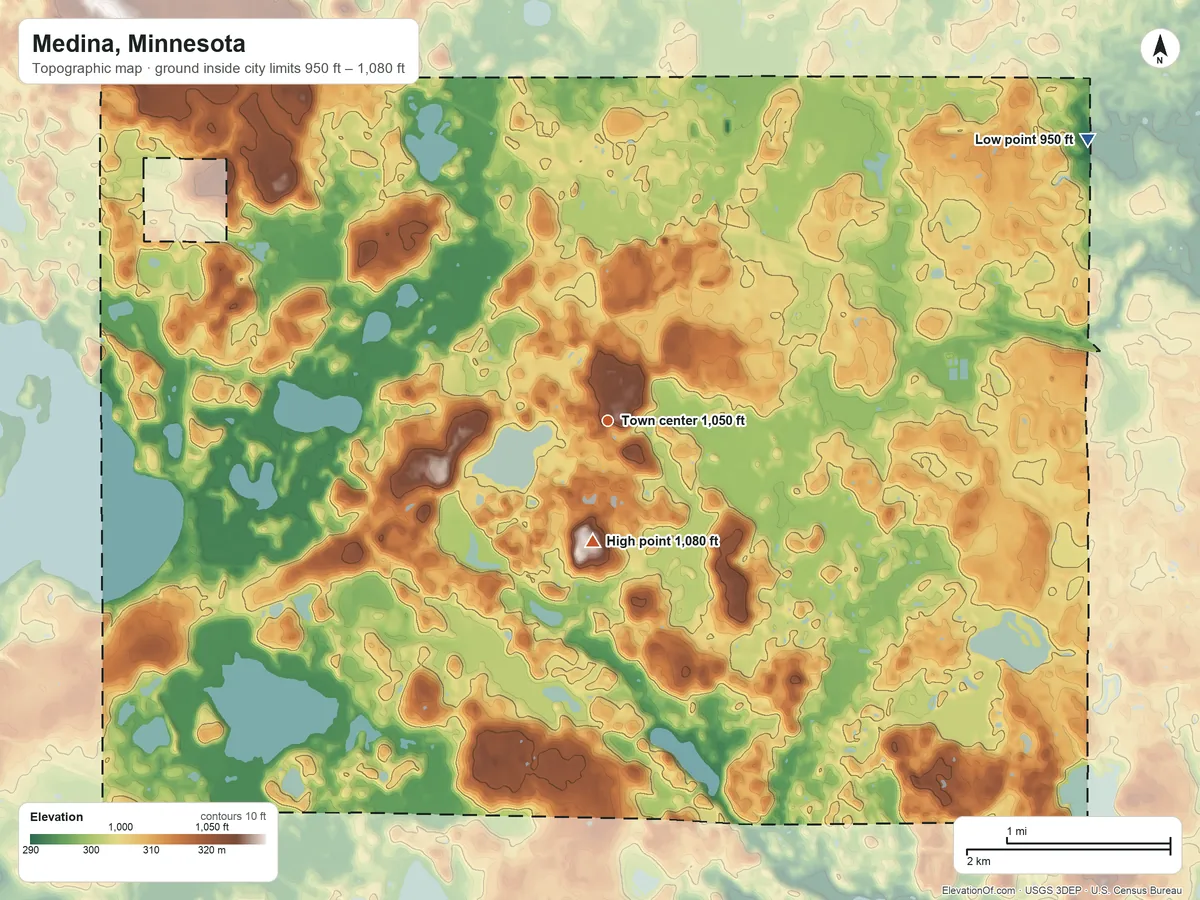 Topographic elevation map of Medina, Minnesota, shaded from 950 ft on the northeast side to 1,080 ft near the middle
