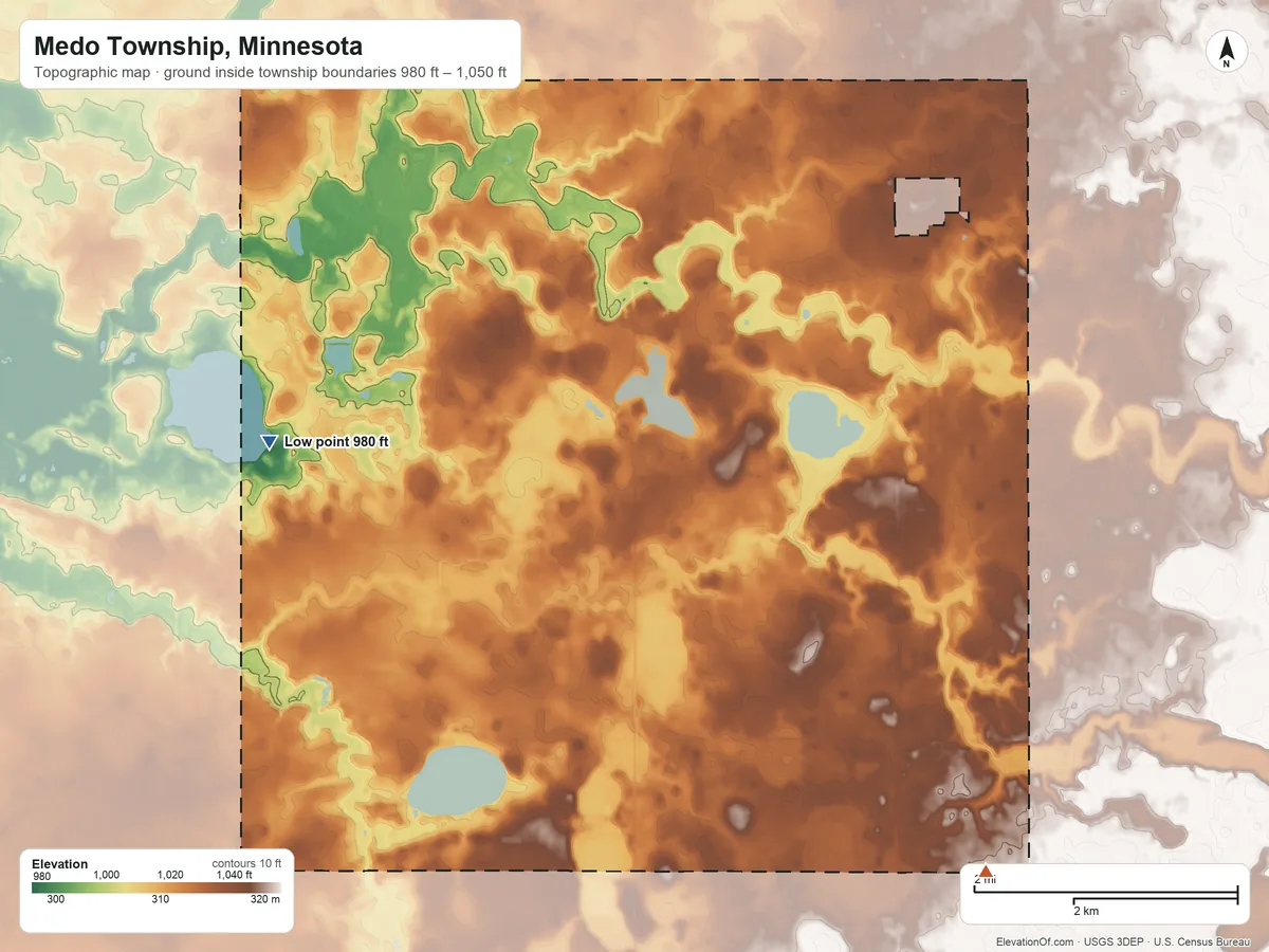 Topographic elevation map of Medo Township, Minnesota, shaded from 980 ft on the west side to 1,050 ft on the southeast side