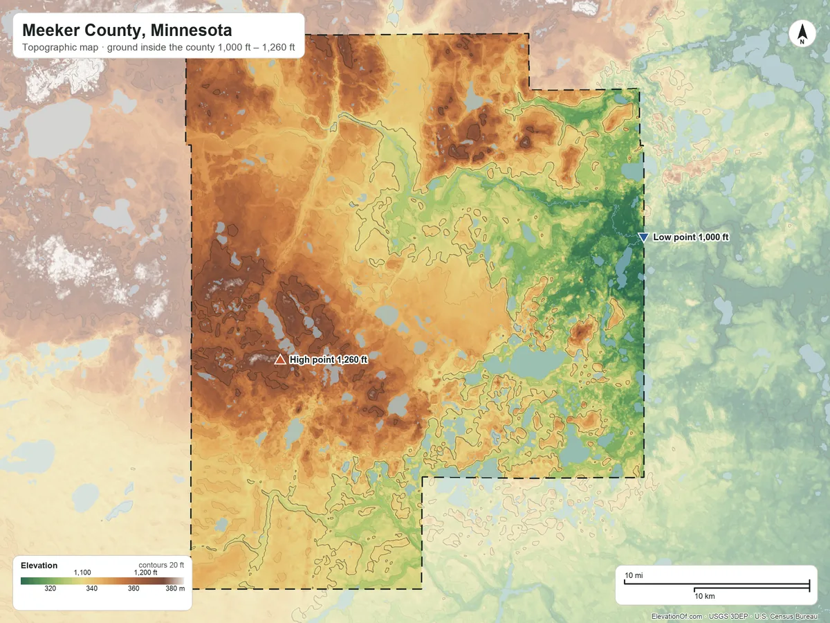 Topographic elevation map of Meeker County, Minnesota, shaded from 1,000 ft on the east side to 1,260 ft on the west side