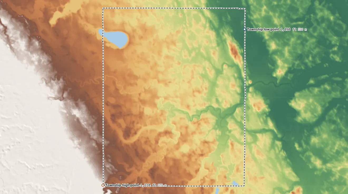 Topographic elevation map of Mehurin Township, Minnesota, shaded from 1,090 ft on the northeast side to 1,210 ft on the southwest side