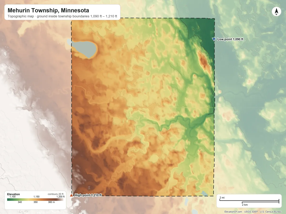 Topographic elevation map of Mehurin Township, Minnesota, shaded from 1,090 ft on the northeast side to 1,210 ft on the southwest side