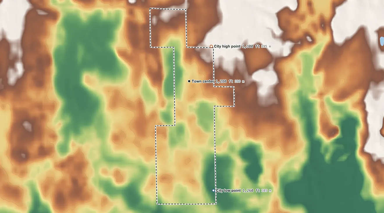 Topographic elevation map of Meire Grove, Minnesota, shaded from 1,260 ft on the south side to 1,300 ft on the northeast side