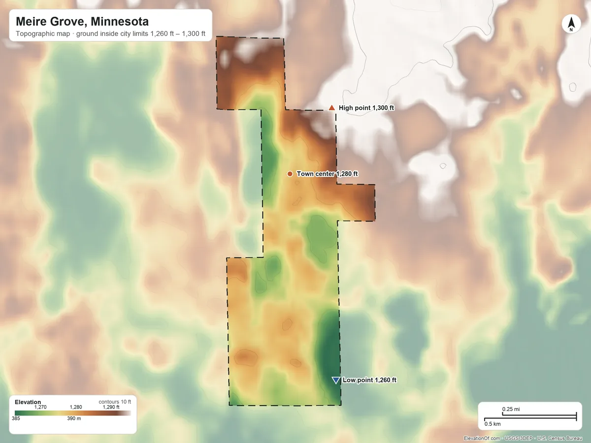 Topographic elevation map of Meire Grove, Minnesota, shaded from 1,260 ft on the south side to 1,300 ft on the northeast side