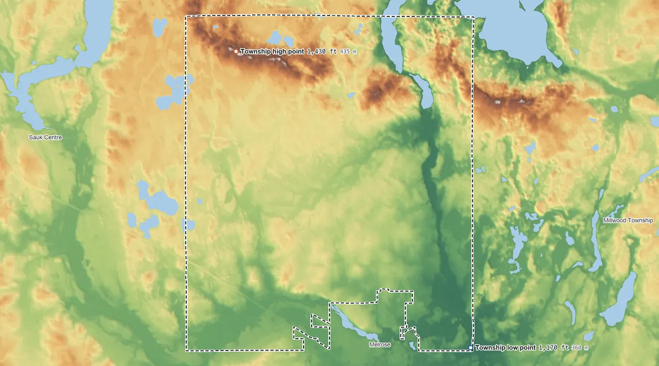 Topographic elevation map of Melrose Township, Minnesota, shaded from 1,170 ft on the southeast side to 1,430 ft on the northwest side