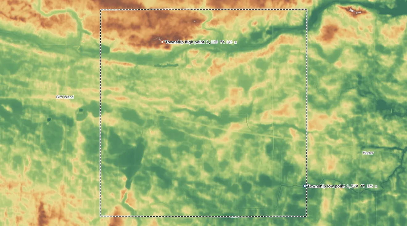 Topographic elevation map of Melville Township, Minnesota, shaded from 1,070 ft on the southeast side to 1,130 ft on the northwest side