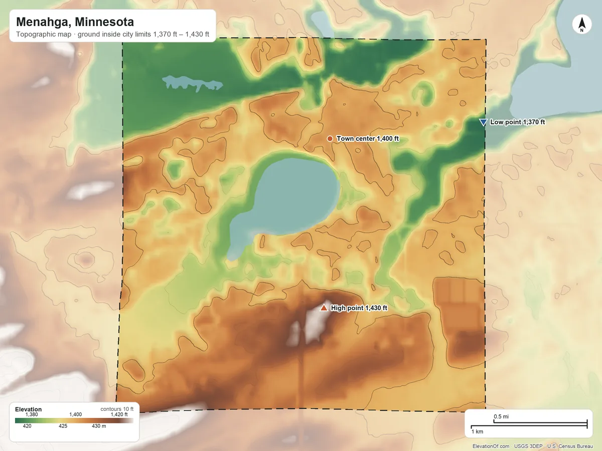Topographic elevation map of Menahga, Minnesota, shaded from 1,370 ft on the east side to 1,430 ft on the south side