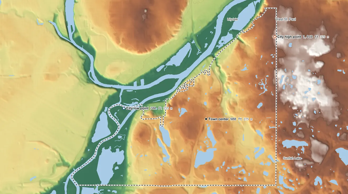 Topographic elevation map of Mendota Heights, Minnesota, shaded from 700 ft on the west side to 1,040 ft on the northeast side