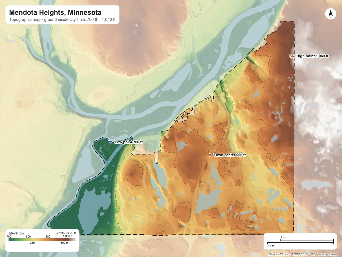 Topographic elevation map of Mendota Heights, Minnesota, shaded from 700 ft on the west side to 1,040 ft on the northeast side