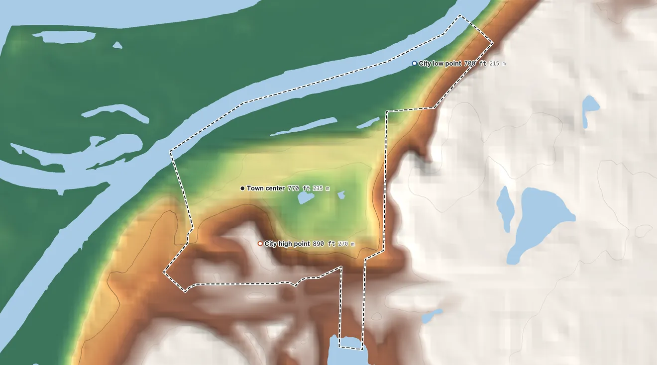 Topographic elevation map of Mendota, Minnesota, shaded from 700 ft on the northeast side to 890 ft on the south side