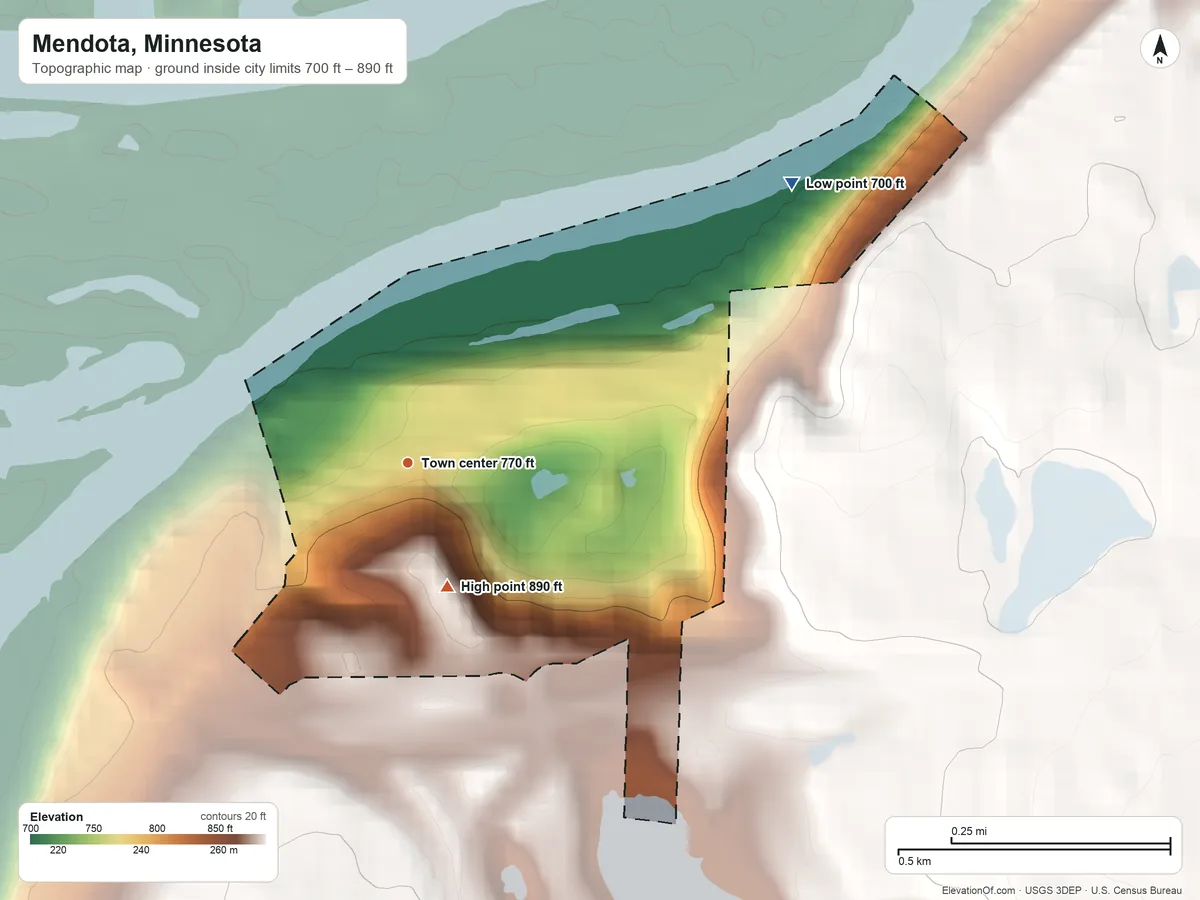 Topographic elevation map of Mendota, Minnesota, shaded from 700 ft on the northeast side to 890 ft on the south side