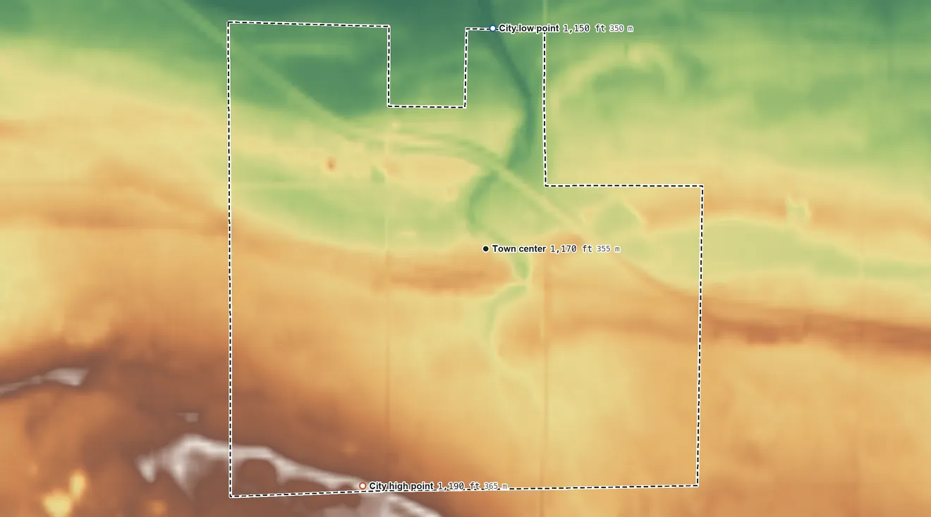 Topographic elevation map of Mentor, Minnesota, shaded from 1,150 ft on the north side to 1,190 ft on the southwest side