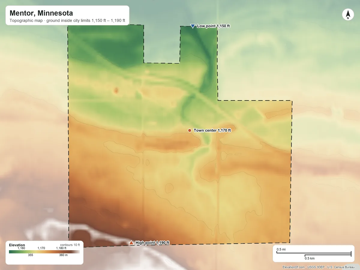 Topographic elevation map of Mentor, Minnesota, shaded from 1,150 ft on the north side to 1,190 ft on the southwest side