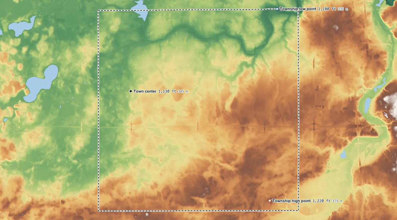 Topographic elevation map of Meriden Township, Minnesota, shaded from 1,100 ft on the northeast side to 1,220 ft on the southeast side