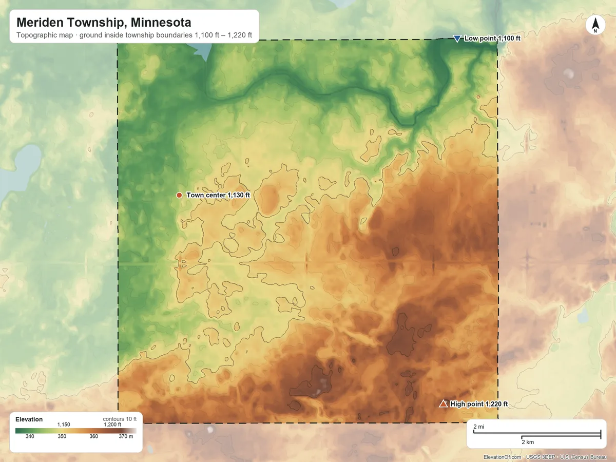 Topographic elevation map of Meriden Township, Minnesota, shaded from 1,100 ft on the northeast side to 1,220 ft on the southeast side