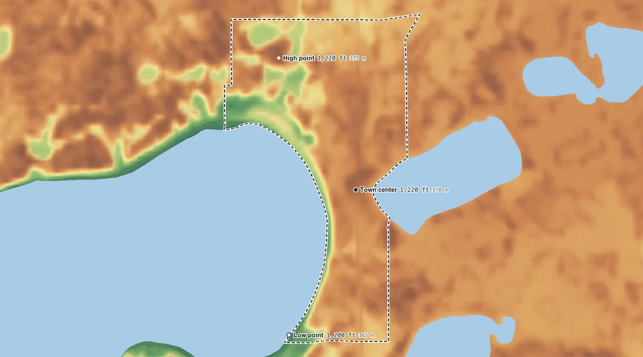 Topographic elevation map of Merrifield, Minnesota, shaded from 1,200 ft on the southwest side to 1,220 ft on the northwest side