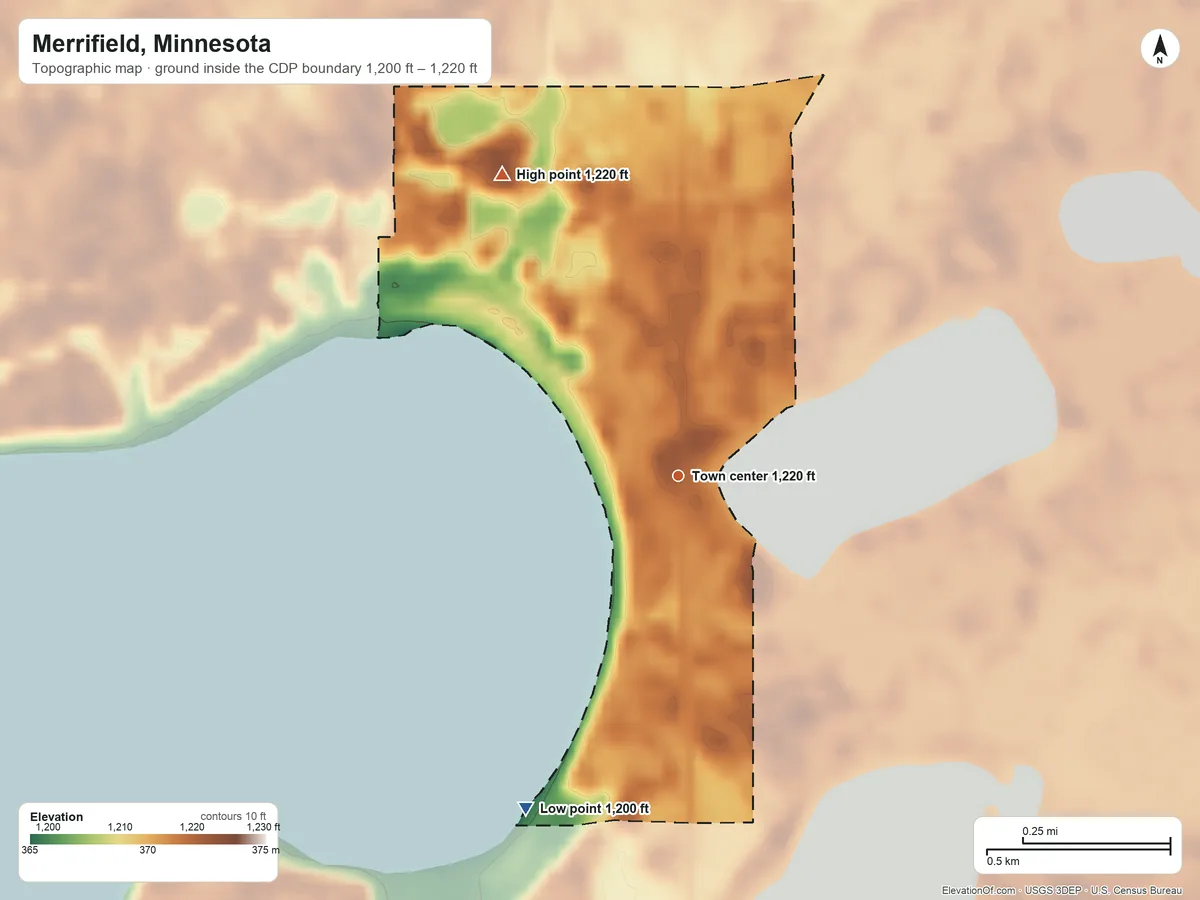 Topographic elevation map of Merrifield, Minnesota, shaded from 1,200 ft on the southwest side to 1,220 ft on the northwest side