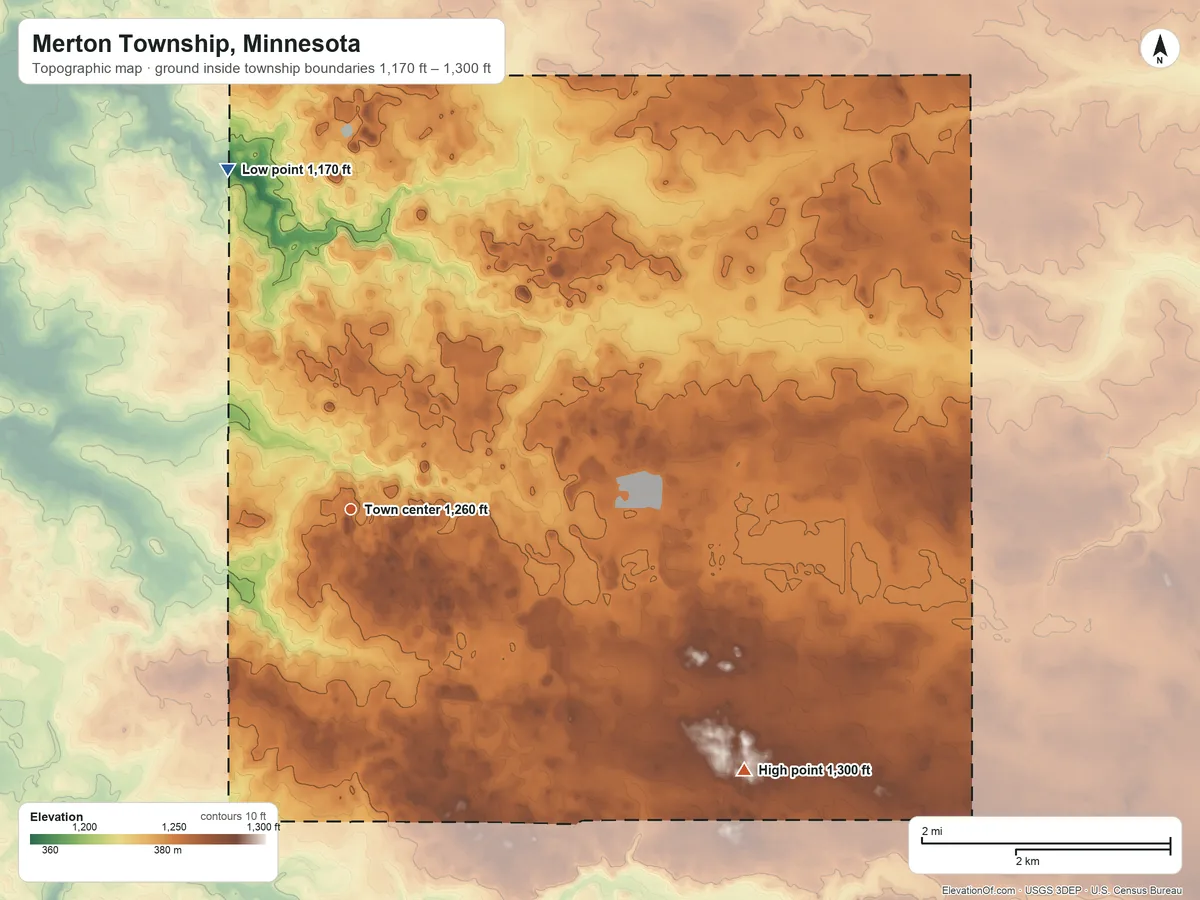 Topographic elevation map of Merton Township, Minnesota, shaded from 1,170 ft on the north side to 1,300 ft on the southeast side