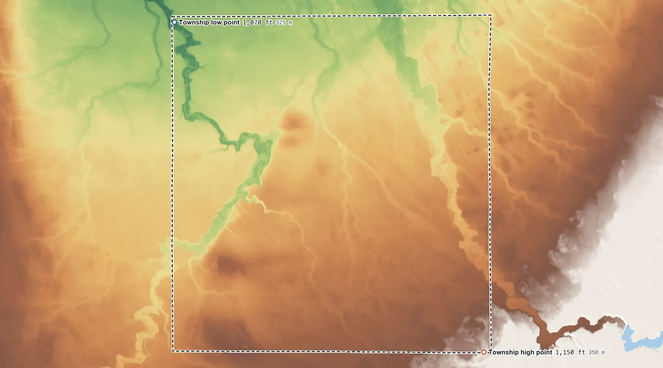 Topographic elevation map of Mickinock Township, Minnesota, shaded from 1,070 ft on the northwest side to 1,150 ft on the southeast side