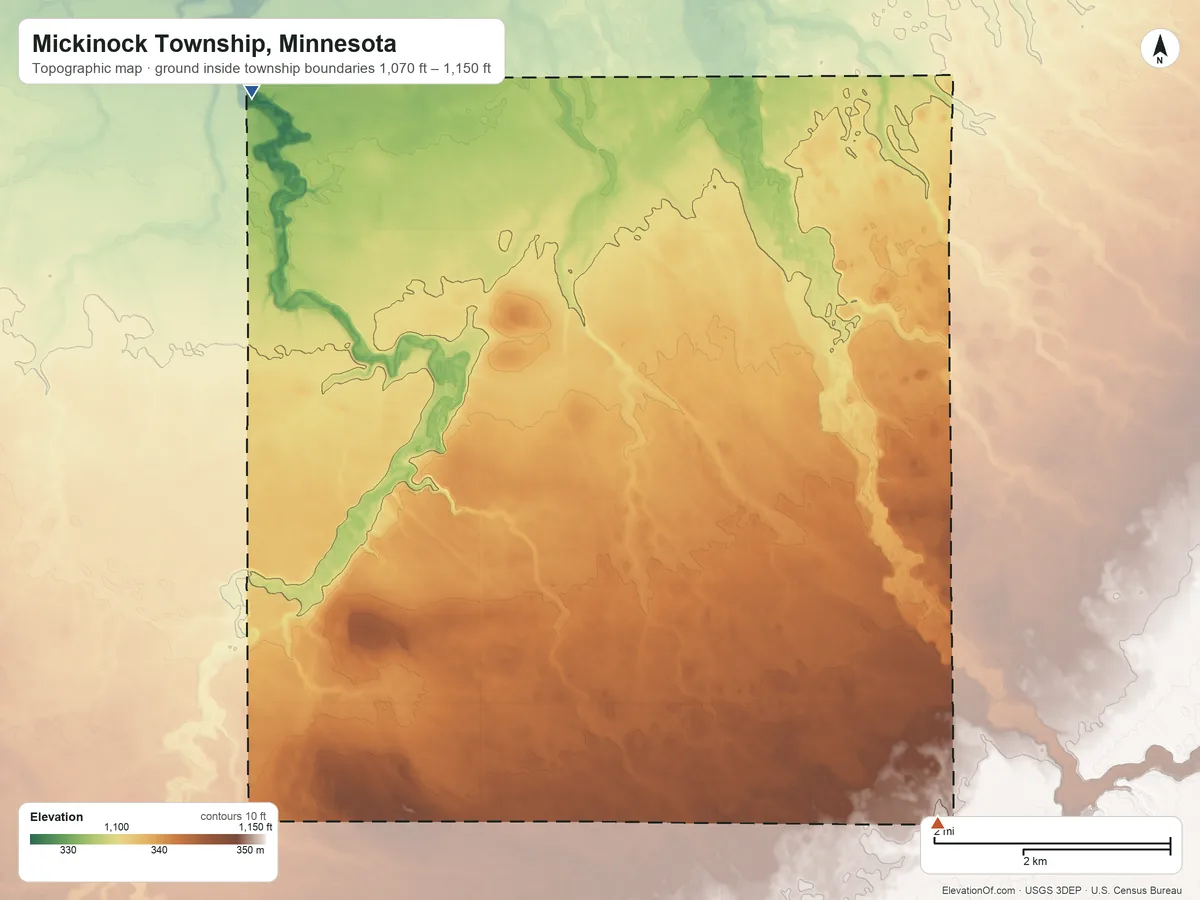Topographic elevation map of Mickinock Township, Minnesota, shaded from 1,070 ft on the northwest side to 1,150 ft on the southeast side
