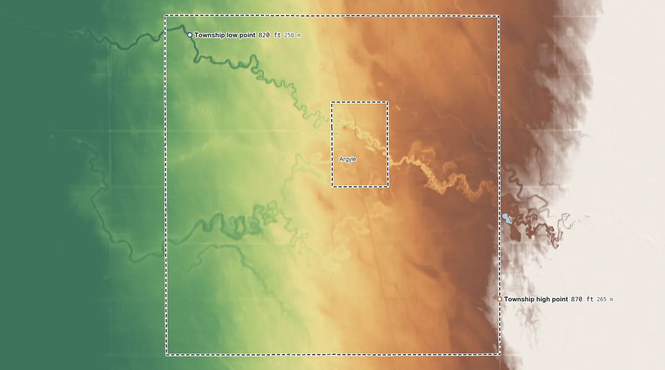 Topographic elevation map of Middle River Township, Minnesota, shaded from 820 ft on the northwest side to 870 ft on the southeast side
