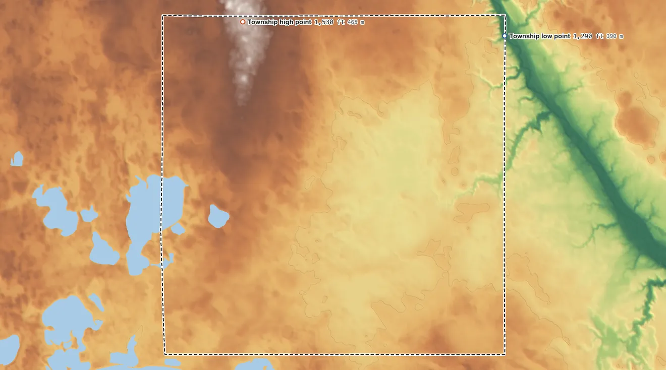 Topographic elevation map of Middletown Township, Minnesota, shaded from 1,290 ft on the northeast side to 1,530 ft on the northwest side