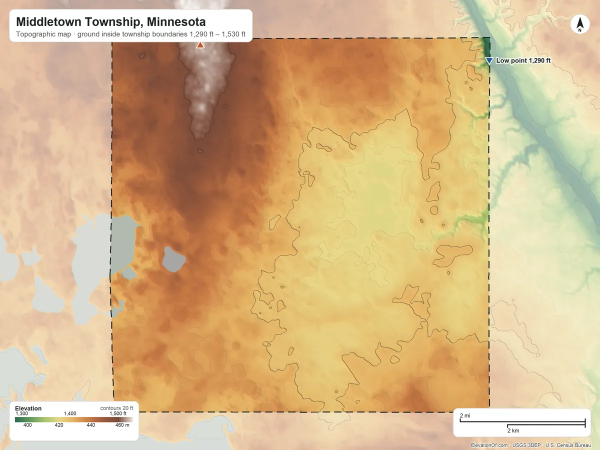 Topographic elevation map of Middletown Township, Minnesota, shaded from 1,290 ft on the northeast side to 1,530 ft on the northwest side