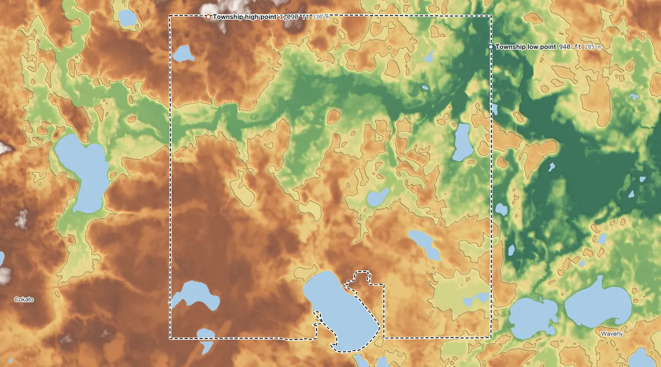 Topographic elevation map of Middleville Township, Minnesota, shaded from 940 ft on the northeast side to 1,090 ft on the northwest side