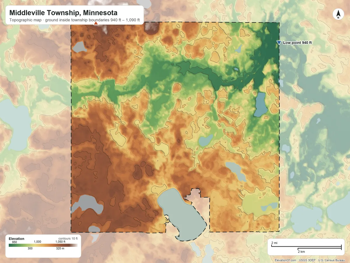 Topographic elevation map of Middleville Township, Minnesota, shaded from 940 ft on the northeast side to 1,090 ft on the northwest side