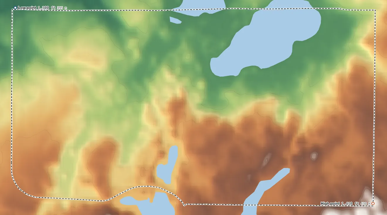Topographic elevation map of Midway, Minnesota, shaded from 1,300 ft on the northwest side to 1,410 ft on the east side