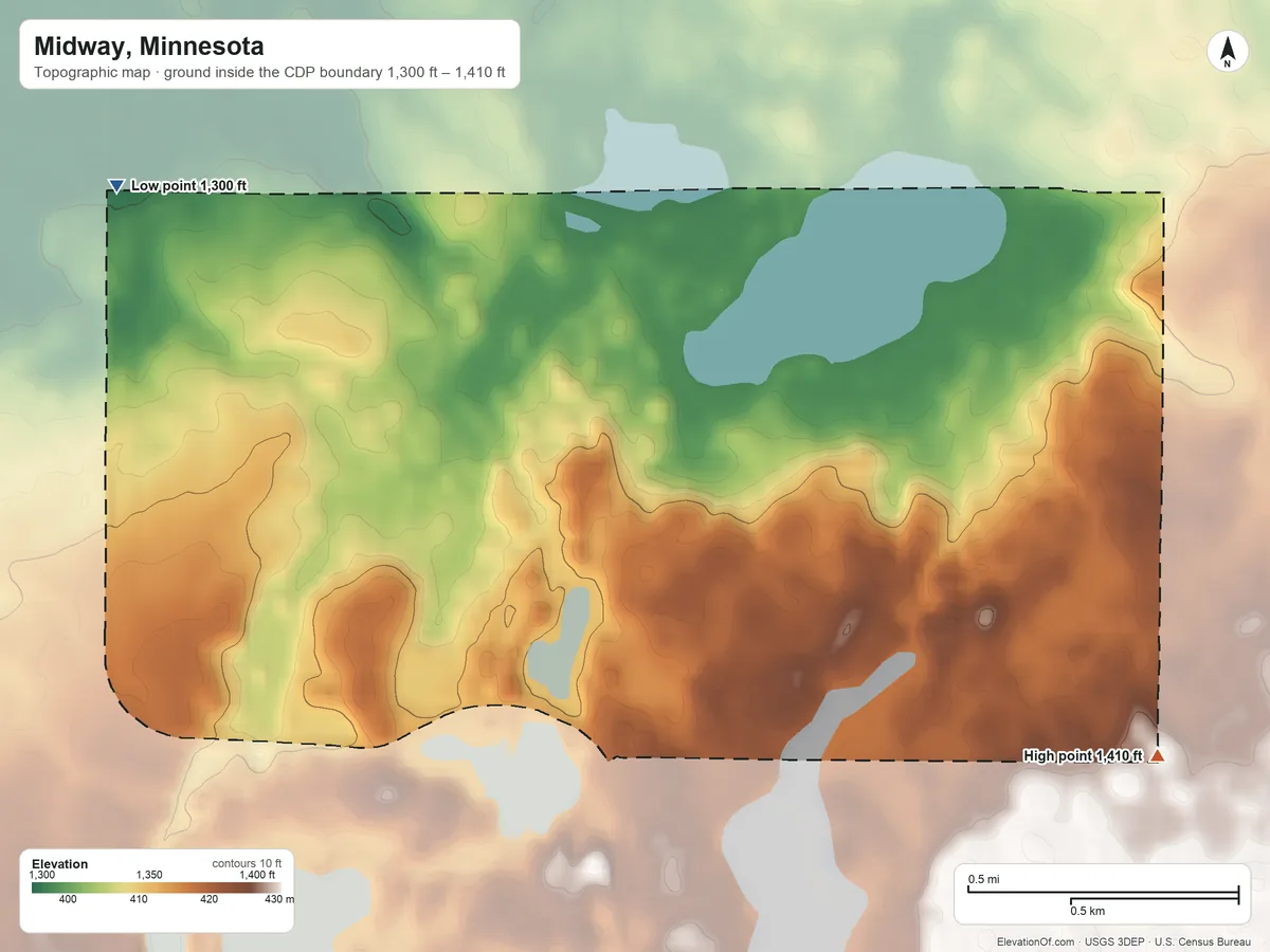 Topographic elevation map of Midway, Minnesota, shaded from 1,300 ft on the northwest side to 1,410 ft on the east side