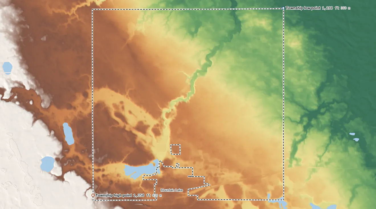 Topographic elevation map of Midway Township, Cottonwood County, Minnesota, shaded from 1,180 ft on the northeast side to 1,350 ft on the southwest side