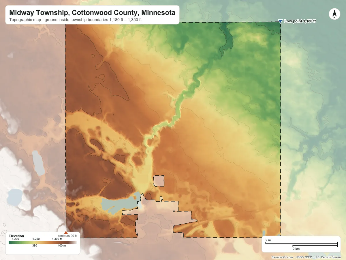 Topographic elevation map of Midway Township, Cottonwood County, Minnesota, shaded from 1,180 ft on the northeast side to 1,350 ft on the southwest side