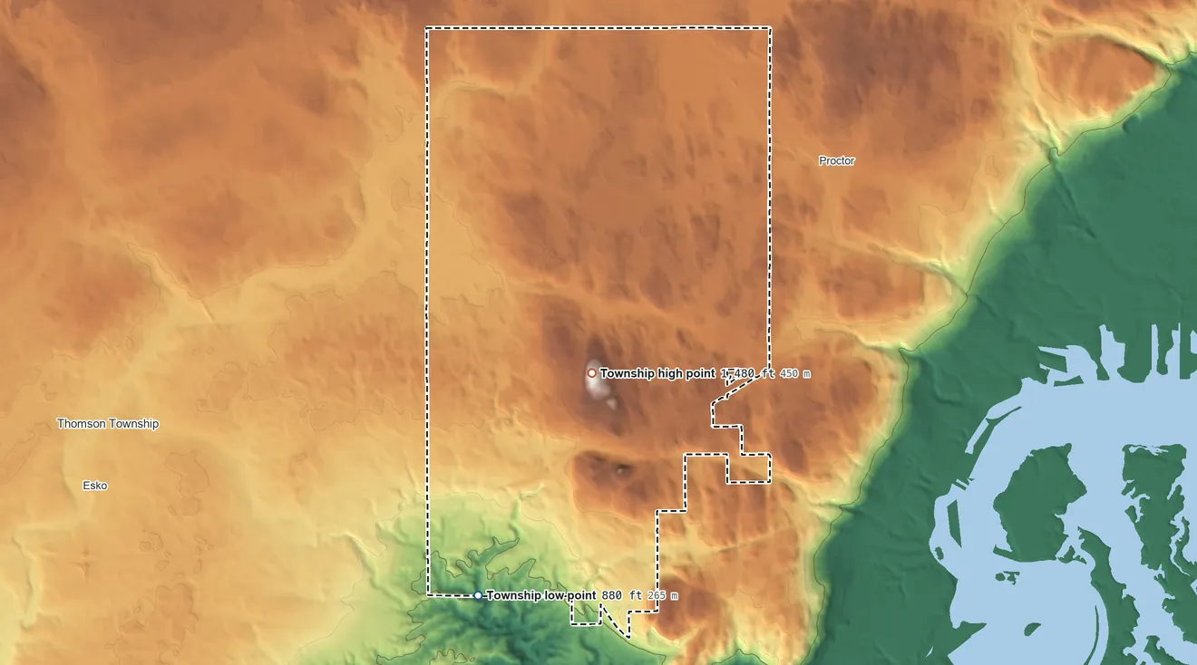 Topographic elevation map of Midway Township, Minnesota, shaded from 880 ft on the southwest side to 1,480 ft near the middle